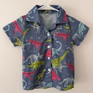 Dinosaur Bones Short Sleeve Button Down Boys 110 cm Blue Paleontology 4T